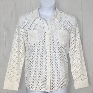 Susan Graver Eyelet Blouse Ivory White Cotton Button Front Shirt Summer Size L